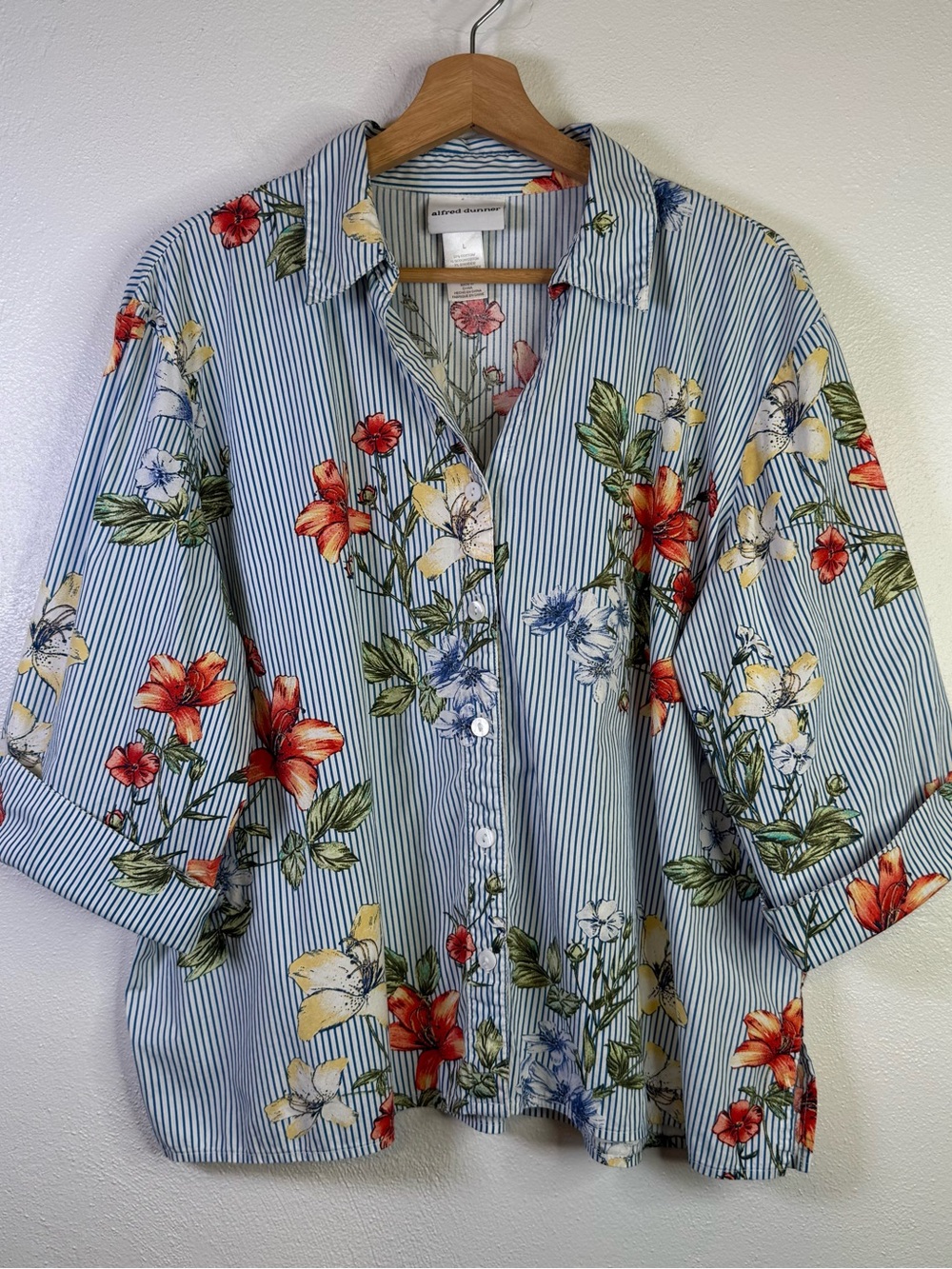 Alfred Dunner Floral Striped Button Down Blouse Top 3/4 Sleeve Blue White Size L